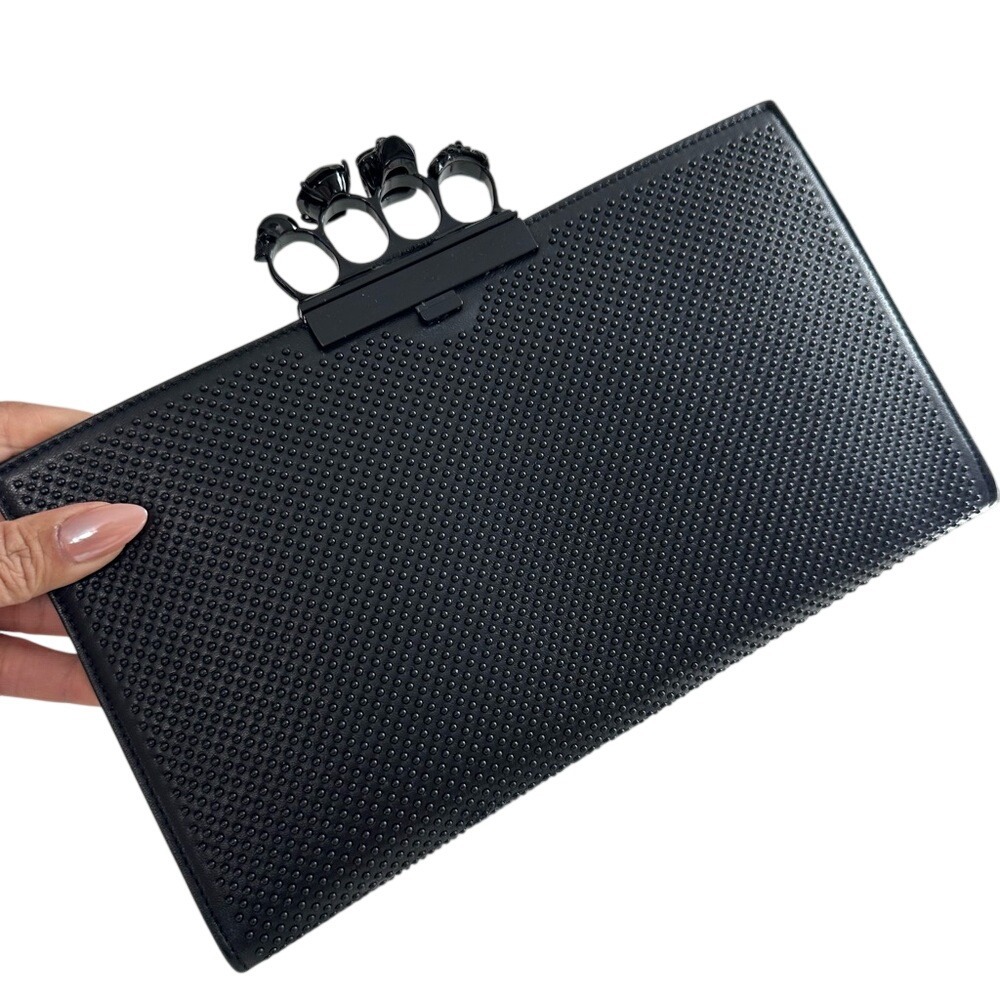 McQueen Black Studded Clutch with Knuckle Rings